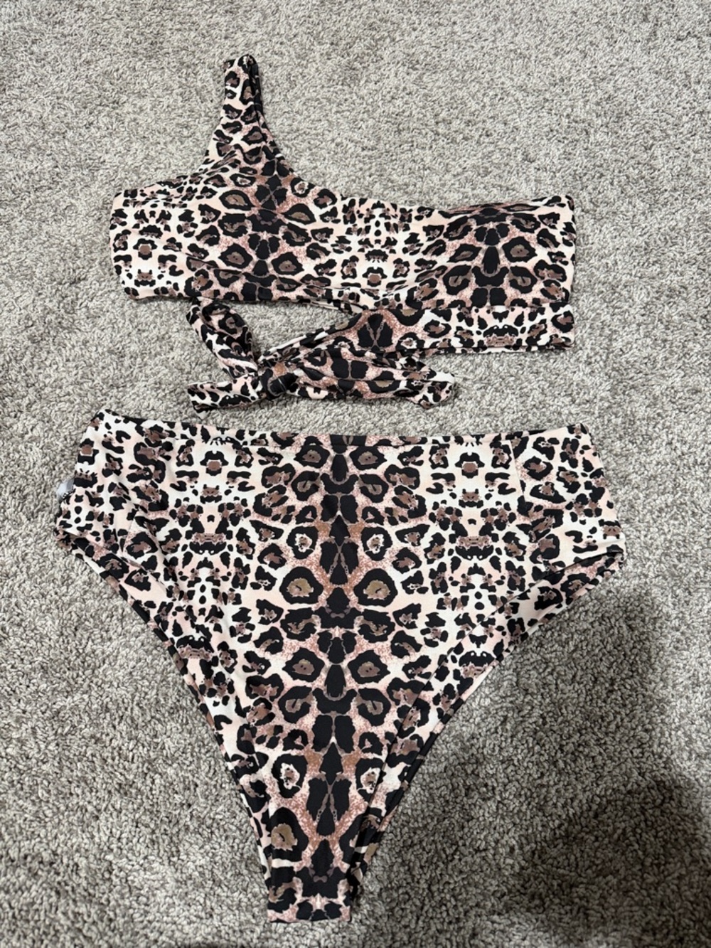 SHEIN One-Shoulder Leopard Print Bikini Set - Black & Brown